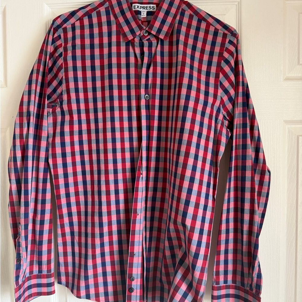 Express Men's Plaid Extra Slim Fit Button Up Shirt in Red and Blue - Large